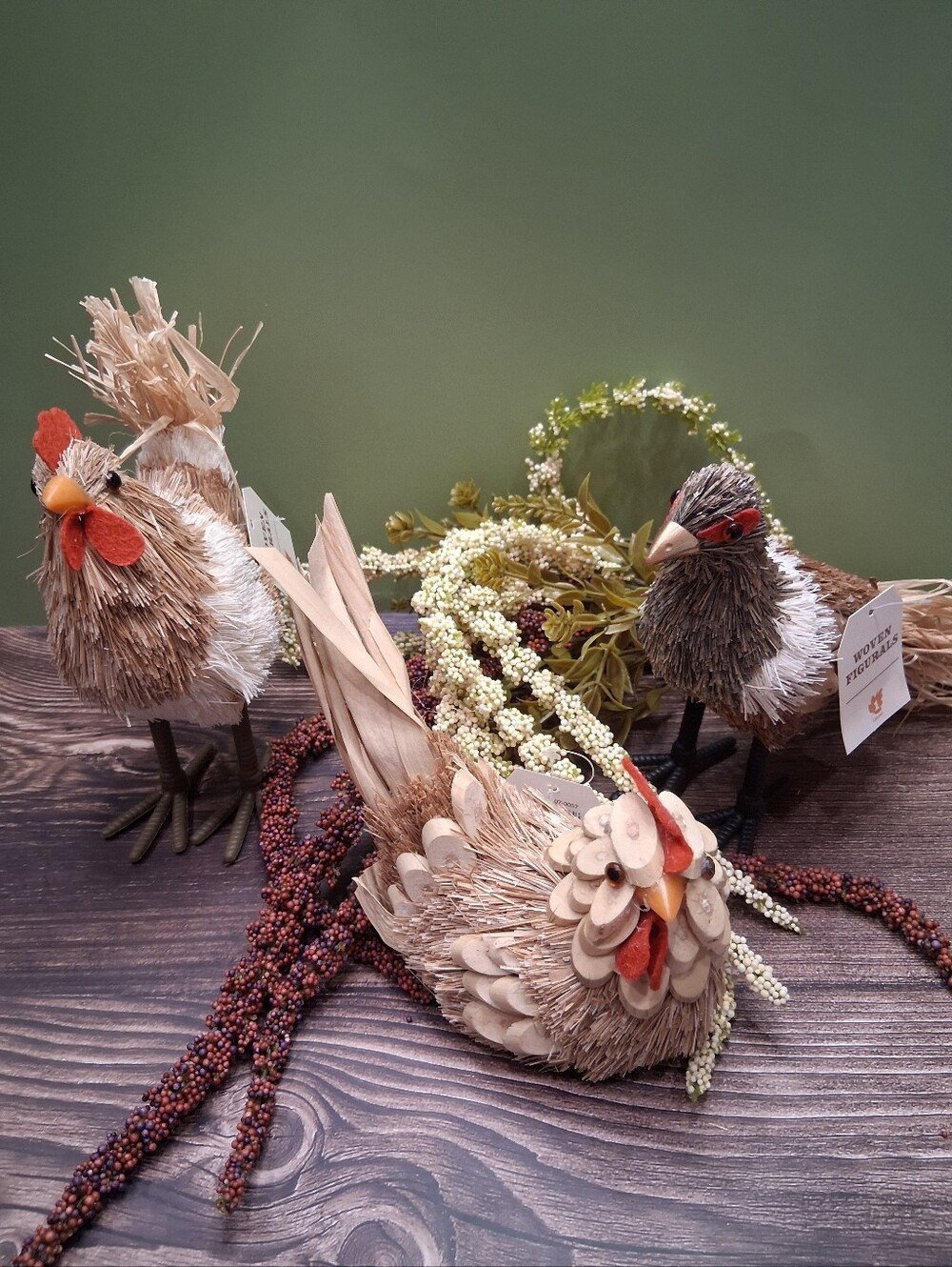 Woven Raffia, Natural Fibers Figural Birds Set of 3 for Fall, Thanksgiving Decor